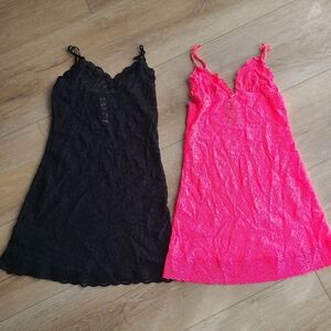 Victoria's Secret Women's Small Black & Neon Hot Pink Lace Slip Dress EUC set